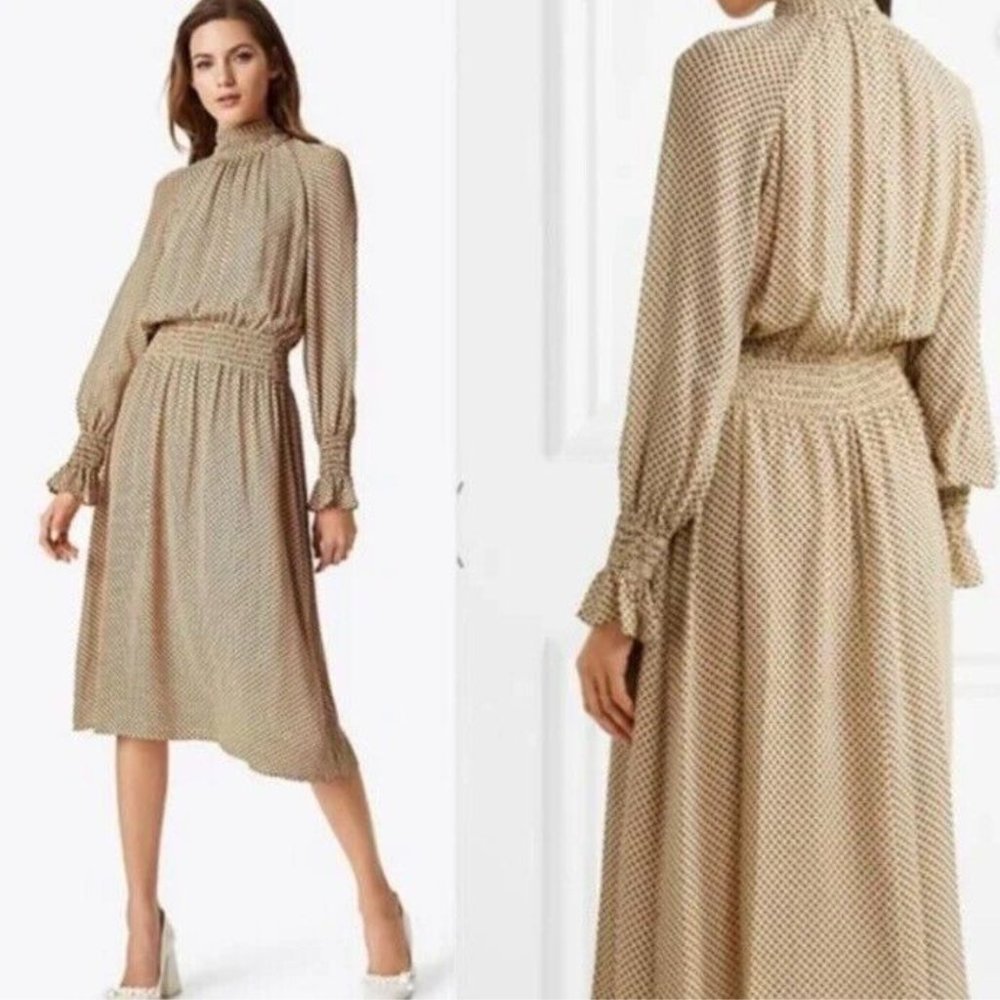 NWT Tory Burch Colette Silk Chiffon Georgette Midi Dress Gold Jazz Dot, Sz 0
